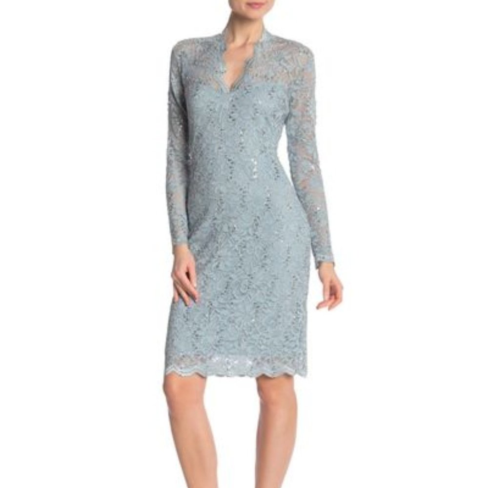 Marina Women's Scalloped Sequined Lace Sheath Dress in Sage